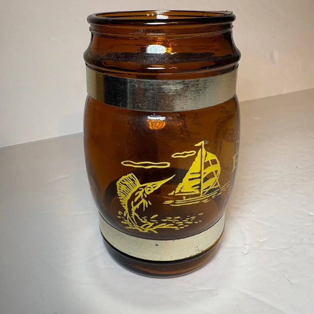 Vintage Florida Souvenir Brown Glass Barrel Mug Wood Handle